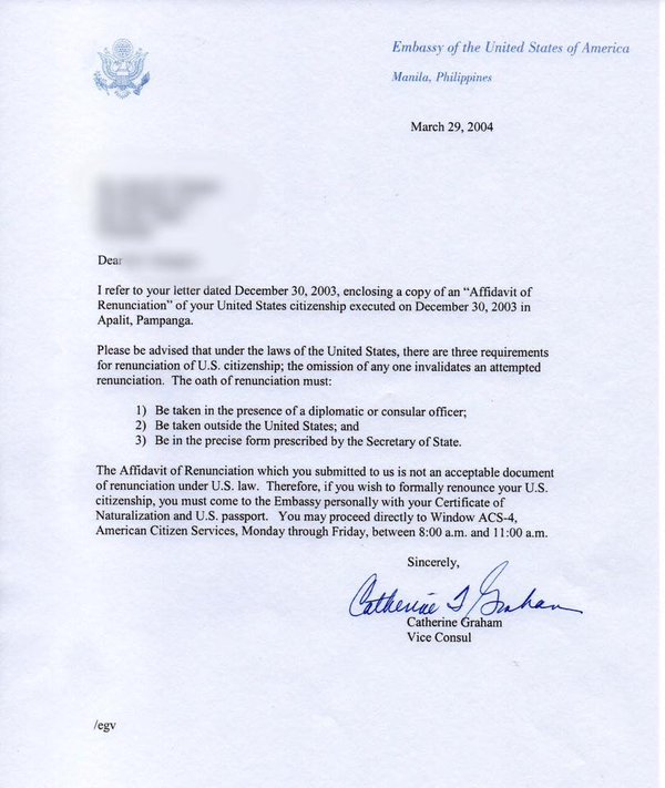 US Embassy Manila letter